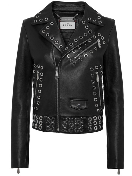 eyelet-embellished leather biker jacket