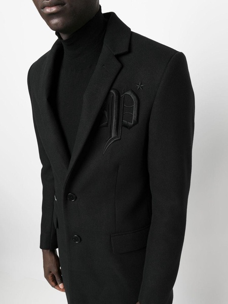 embroidered-logo single-breasted coat