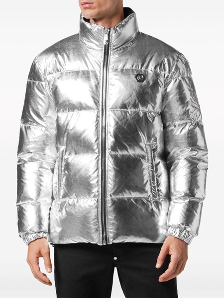 logo-embroidered metallic padded jacket