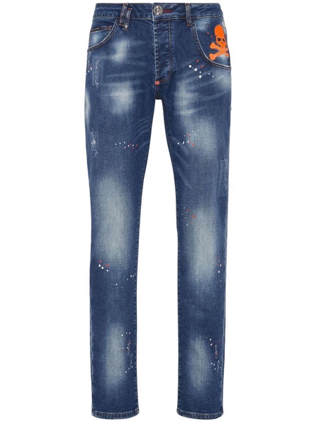 Skull paint-splatter straight-leg jeans