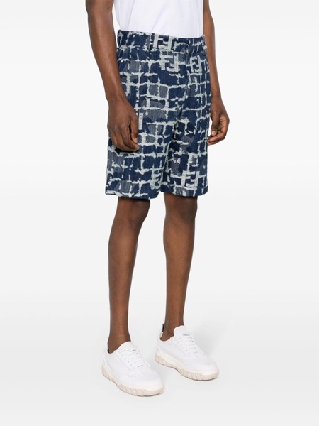 Blue Bermuda Shorts with FF Print in Cotton and Linen Man