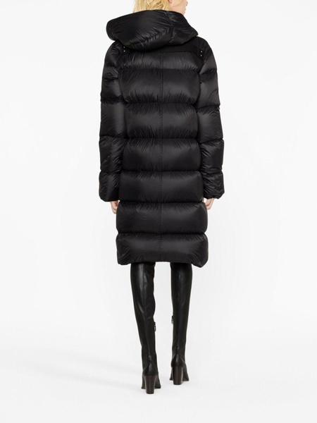 black hooded quilted long coat