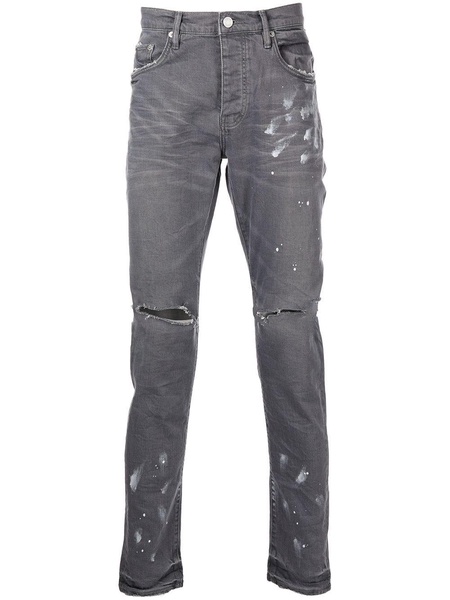 distressed paint-splatter slim fit jeans