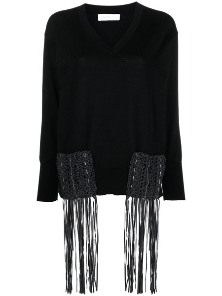 fringe-detail long-sleeve knitted top