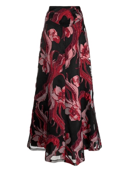 floral-appliqué jacquard midi skirt