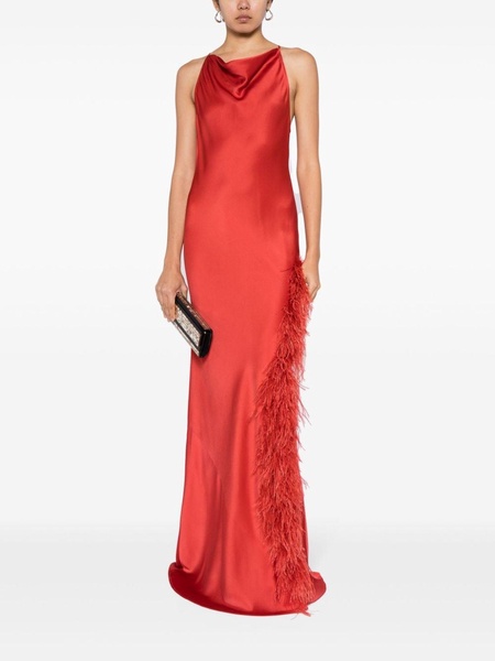 feather-trim satin gown