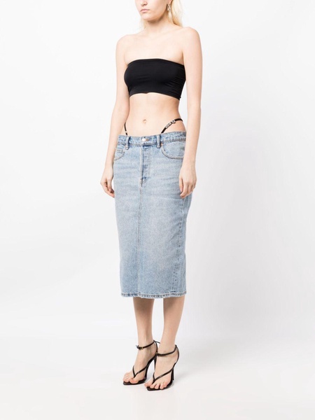 thong-strap denim midi skirt