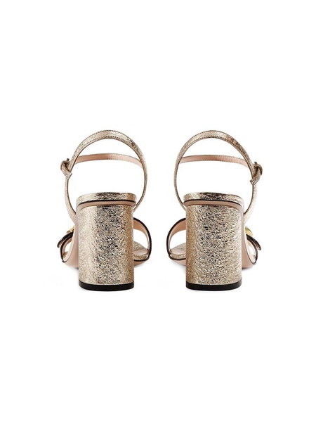 Metallic laminate leather mid-heel sandal