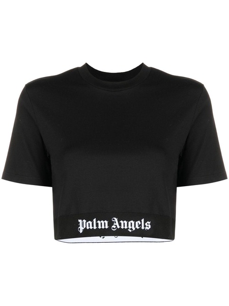 Logo tape stretch cotton cropped t-shirt