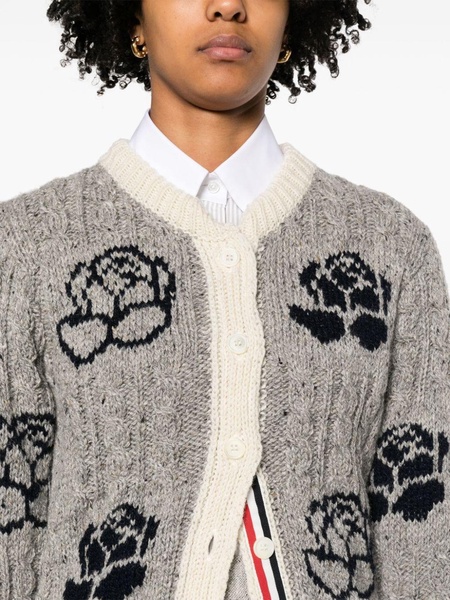 Rose-intarsia cable-knit cardigan