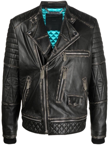 logo-plaque leather biker jacket