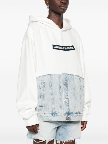 logo-patch layered-denim hoodie