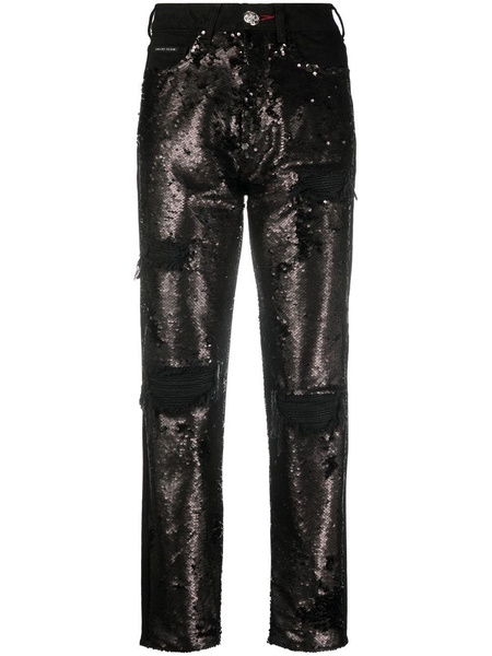 sequin-embellished high-waisted jeans