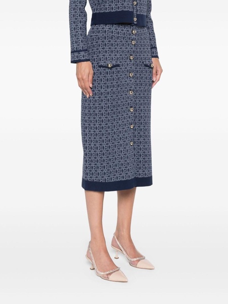 Monogram-pattern button-embellished knitted midi skirt