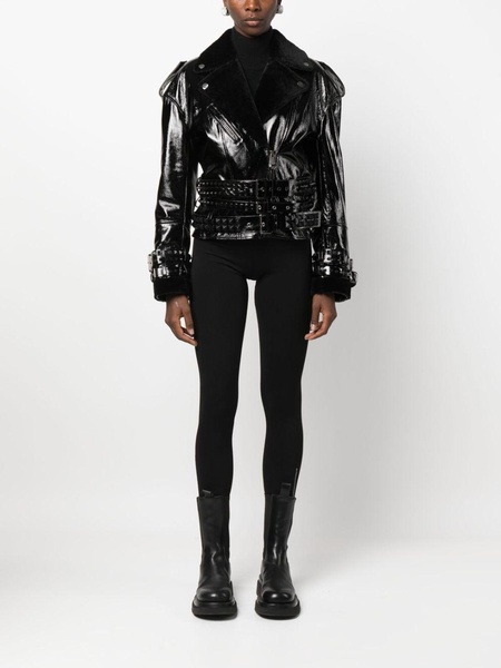 shearling-collar patent-leather jacket