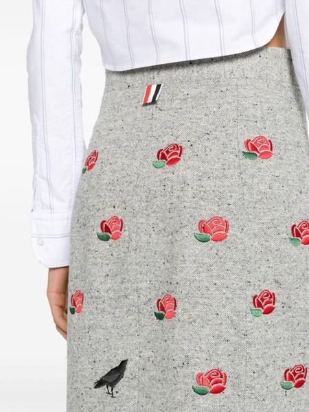 rose-embroidered wool pencil skirt