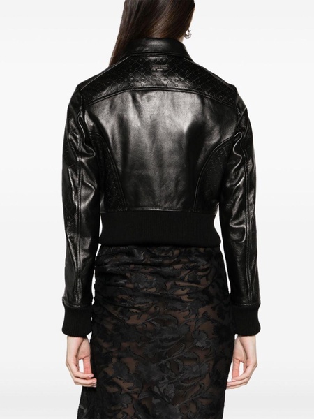 embossed-logo leather jacket