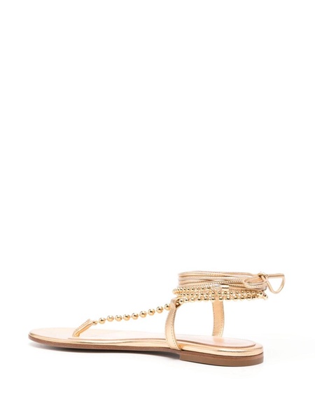 GIANVITO ROSSI Golden Leather Thong Sandals for Women with Metallic Bead Embellishment