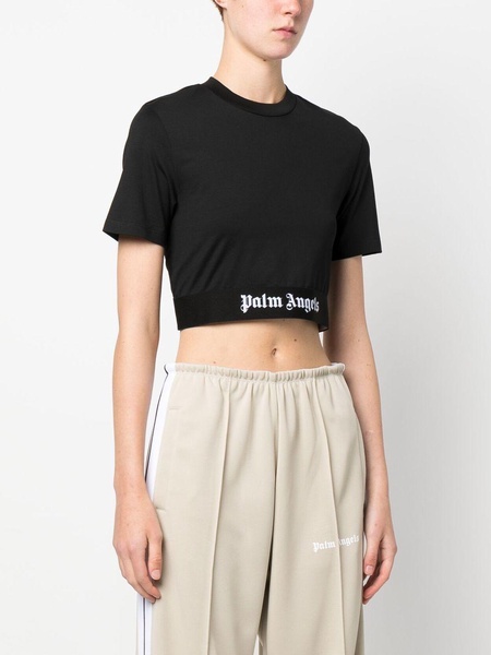 Logo tape stretch cotton cropped t-shirt