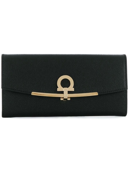 FERRAGAMO Gancini Hook Continental Wallet in Grained Leather with Clip Closure and Central Zipper Pocket