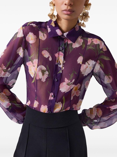 Peony-print sheer blouse