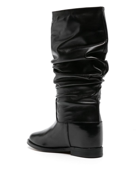 draped leather mid-calf boots