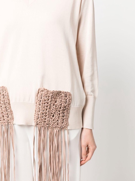 fringe-detail long-sleeve  knitted top