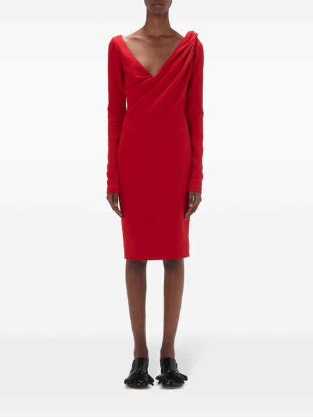 Red Draped Long-Sleeve Midi Dress