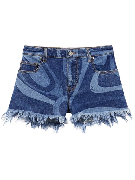 wave-print denim shorts