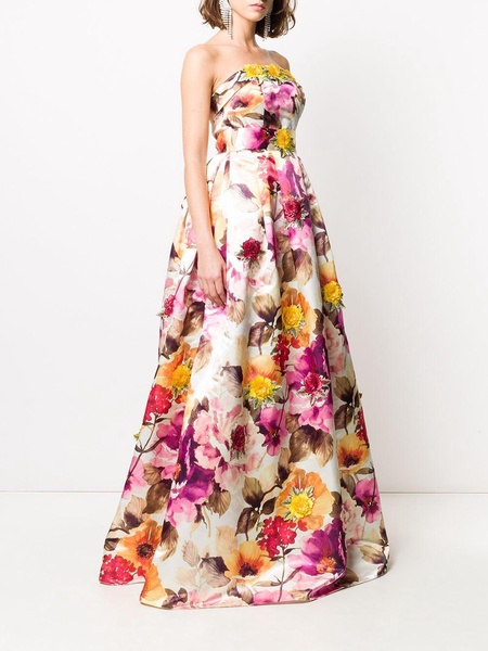 floral print strapless gown 