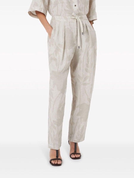 floral-jacquard linen tapered trousers