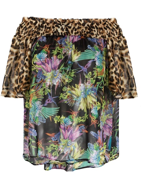 mixed-print off-shoulder blouse