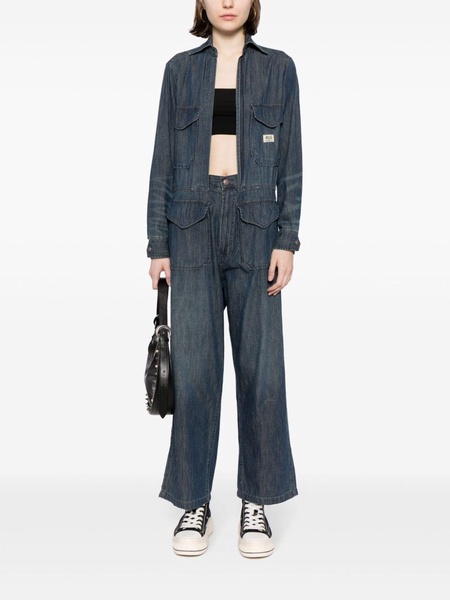 open-front denim jumpsuit