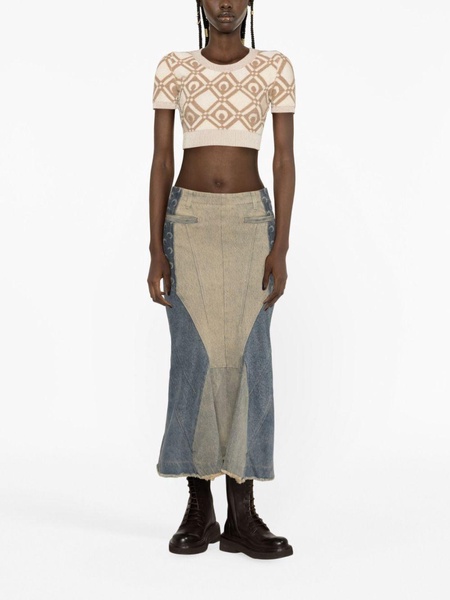 Regenerated denim flared midi skirt