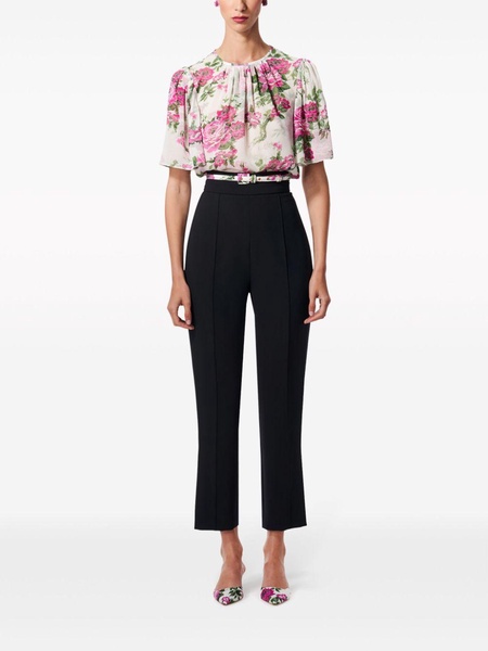 gathered-detail floral-print silk blouse