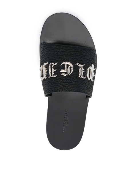 logo-lettering leather slides