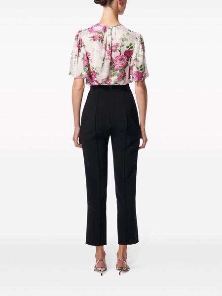 gathered-detail floral-print silk blouse