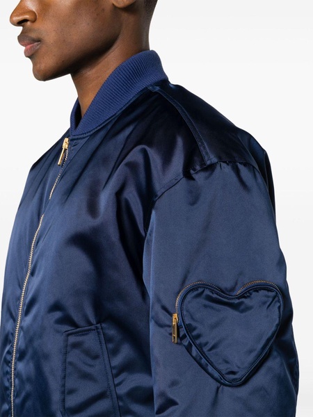 blue appliquéd satin bomber jacket