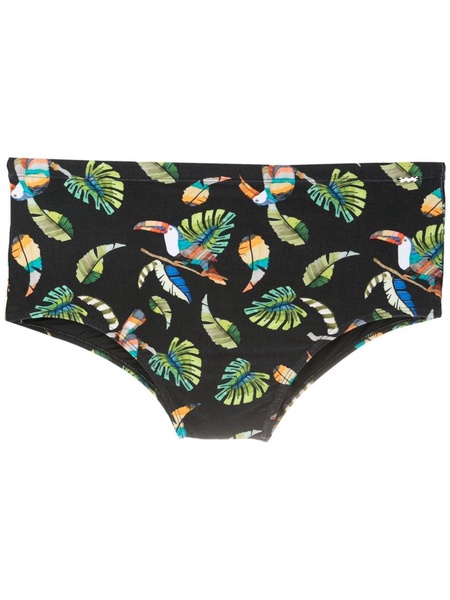 tropical-print swim trunks