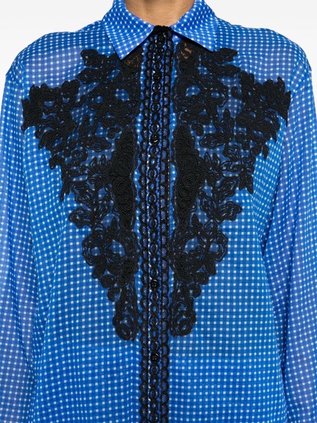 lace-appliqué gingham-print shirt