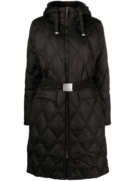 hooded belted quilted coat