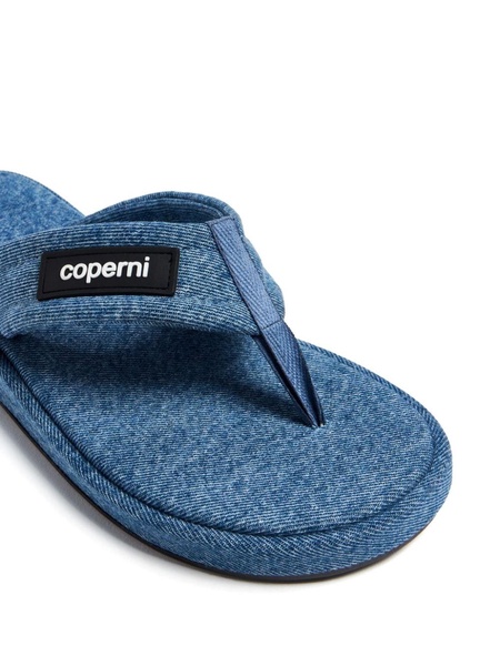 logo-appliqué denim flip-flops