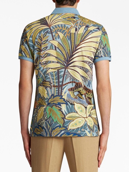 peacock-print cotton polo shirt