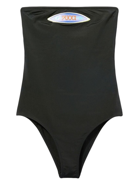 logo-patch strapless swimsuit