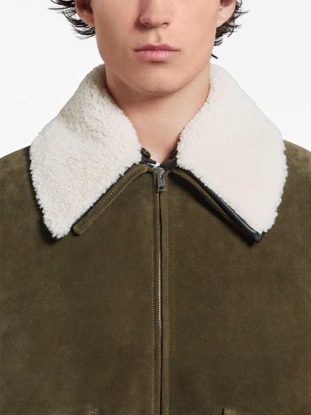 shearling collar zip-up leather jacket