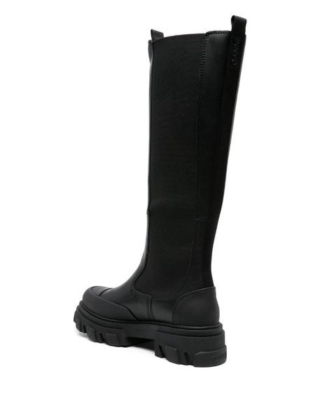 Black Cleated Knee-High Faux-Leather Boots