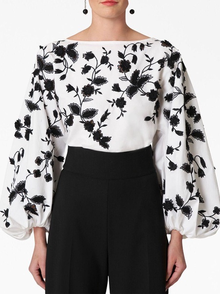 floral-embroidered puff-sleeve cotton blouse