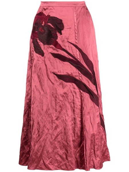 floral-appliqué satin midi skirt