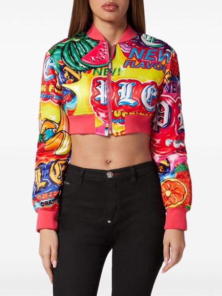 slogan-print cropped bomber jacket