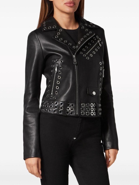 eyelet-embellished leather biker jacket